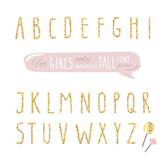 Cute hand drawn narrow glitter font for girls. Tall shiny alphabet. Doodle hand written condensed thin letters.