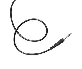 Guitar audio jack with black cable isolated on white background.