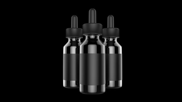 E cigarettes Liquid Bottle on black background. Vape. 3d illustration.