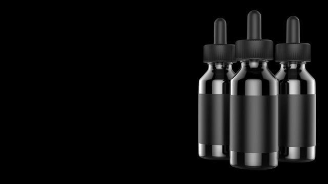 E cigarettes Liquid Bottle on black background. Vape. 3d illustration.