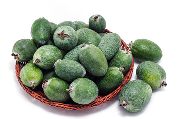Large ripe and green colour fruit feijoa. The organic healthy product for gourmet