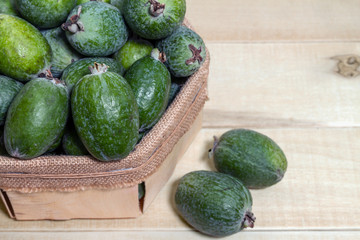 Large ripe and green colour fruit feijoa. The organic healthy product for gourmet