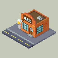 old vintage city bar with beer cup Isometric 3D vector illustration