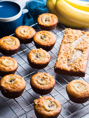 Home made banana muffins and cake. Vertical