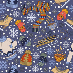 Naklejka premium Cartoon cute doodles Winter season seamless pattern. Colorful detailed