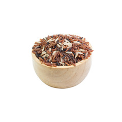 pile of brown rice in bowl wood isolated on white