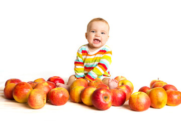 Fototapeta na wymiar Happy baby with apple isolated on white