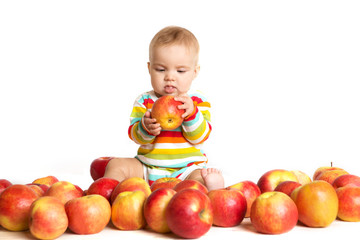Fototapeta na wymiar Happy baby with apple isolated on white