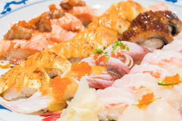 Close up and Selective focus point on Seafood sushi japanese food style
