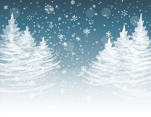 Christmas, New Year. The stylized image of spruce trees on a winter day. Snow in winter forest. Snowflakes. illustration