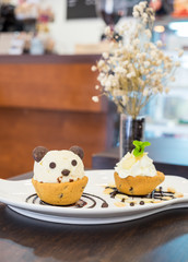 Nutella cookie cup ice cream panda on chocolate decor dish