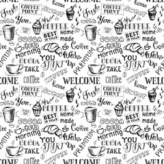 Coffee seamless pattern with lettering,hand drawn