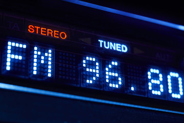 FM tuner radio display. Stereo digital frequency station tuned.