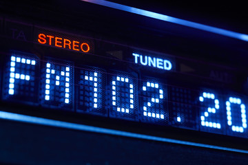 FM tuner radio display. Stereo digital frequency station tuned.