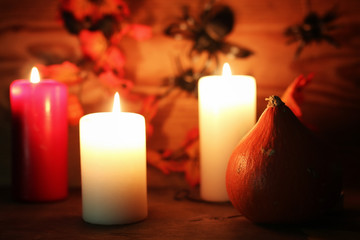 table decorations for Halloween carved pumpkin head candles