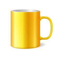 Yellow cup isolated on white background. Blank mug for branding