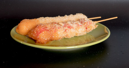 Food and Cuisine, Dish of Delicious Fried Sausages on Wooden Ske