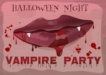 Halloween night party. Red feminine lips in blood. Vampire party. Vampire lips. Bloody Halloween. Vector vintage illustration