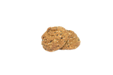 Oatmeal cookies with nuts and sesame seeds isolated on white bac