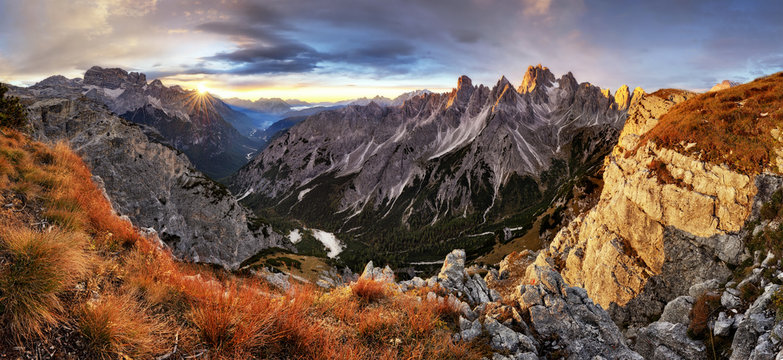 Beautiful summer landscape in the mountains with the sun at dawn