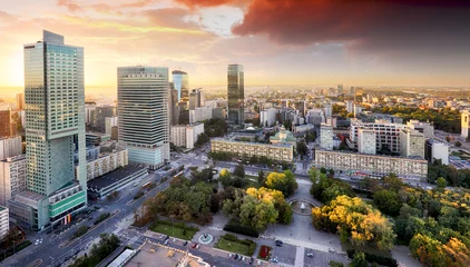 Foto auf Acrylglas Warsaw city with modern skyscraper at sunset, Poland © TTstudio