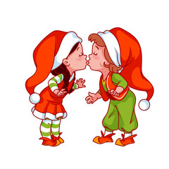 Cartoon Santa's little helpers are kissing.