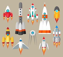 Cartoon rockets icons. Vector futuristic space ships set