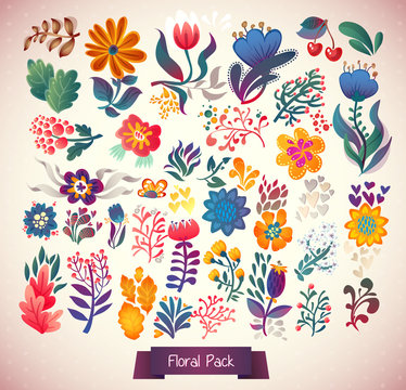 Flowers decorative set of illustration. doodle plants