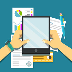 Office workplace. Paperwork, analytics flat business illustration