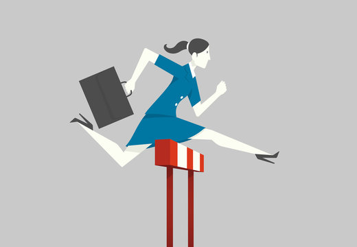 Businesswoman jumping over hurdle.