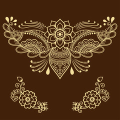 Henna tattoo flower template. Mehndi style. Set of ornamental patterns in the oriental style.
