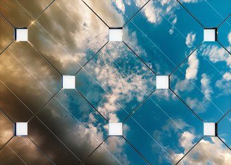 Evening cloudy sky reflection on solar panel. 3d rendering.