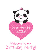 Invitation to the children's party. Invitation to the birthday with little cute panda and heart. Hand drawn panda for your design. Doodles, sketch. Vector.