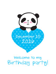Invitation to the children's party. Invitation to the birthday with little cute panda and heart. Hand drawn panda for your design. Doodles, sketch. Vector.