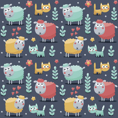 Seamless cute pattern made with sheeps, cats, flowers, animals, plants, hearts for kids