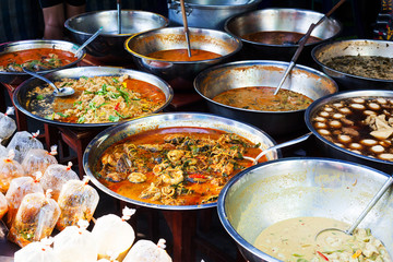 Thai food in stainless bowl at the market