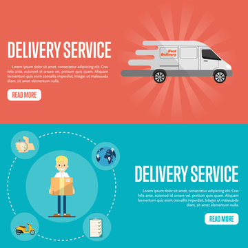 Smiling delivery boy with cardboard box on blue background. White delivery truck on red background. Delivery service website templates, vector illustration. Shipping and moving. Courier service.