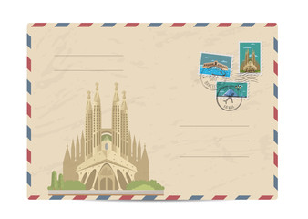 Cathedral of the Sagrada Familia in Barcelona, Spain. Postal envelope with famous architectural composition, postage stamps and postmarks vector illustration. Postal services. Envelope delivery