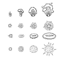 Cartoon sketchy doodle set with explosion effects of different size and shape for flash animation isolated on crumpled paper background vector illustration.