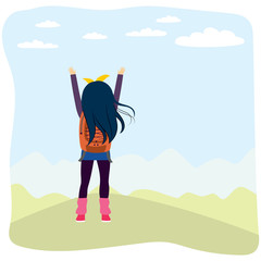 Back view illustration of girl with arms up enjoying looking nature scenery from top of mountain