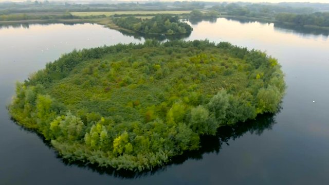 Natural lake island covered in trees and bush, misty morning, aerial view. Cambridgeshire, England, UK.