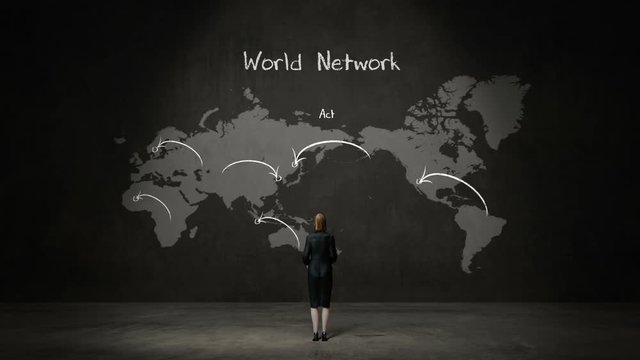Businesswoman standing world map, Handwriting 'World network', using communication technology 