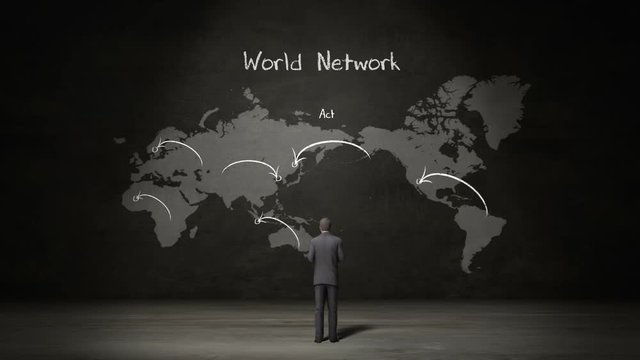 Businessman standing world map, Handwriting 'World network', using communication technology 