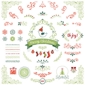 Ornate Christmas collection. Swirl elements with Holly Berry, snowflakes, Christmas balls, socks, bird, gift box, pattern brushes, Christmas tree, bell, banner and other vector illustrations.