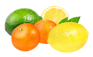 Fresh lime,mandarins and lemon isolated on white