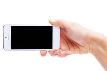 Hand holding White Smartphone with blank screen on white backgro