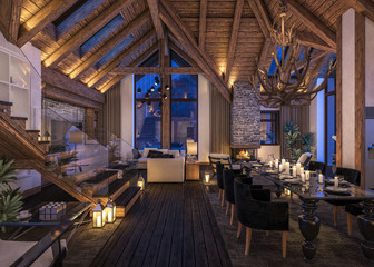 Fototapeta na wymiar 3D rendering of evening living room of chalet