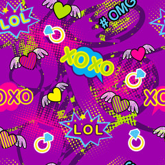 Abstract seamless pattern for girl and boy. Creative colorful wallpaper with Pop art comics speech bubbles, clouds,words. Grunge urban background for textile, fashion, sport clothes.Pink, purple, neon