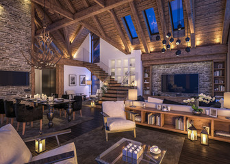 3D rendering of evening living room of chalet