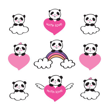 Set of stickers with cute pandas, rainbow, clouds and hearts. Badges for clothing. Doodles, sketch for your design. Hand drawing. Vector.